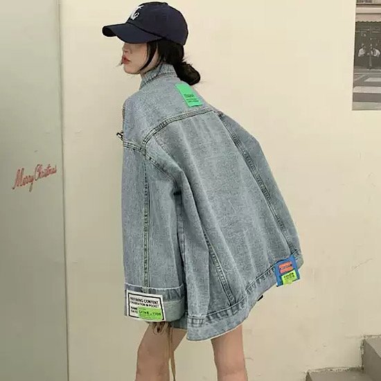 ジャケット ロゴ パッチ 長袖 デニムジャケット アウター オーバーサイズ レディース 無地 体型カバー 春 新作 シンプル カジュアル スプリングウェア ヴィンテージ ストリート トップ