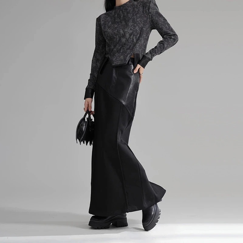 JFashion ドッキング 裏起毛 ロングスカート PUレザー Aライン タイトスカート ロングスカート 関連商品は店で購入可能 福袋 T