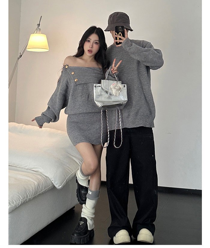 トップス メンズ レディース セーター ニット ペアルック リンクコーデ お揃い 長袖 グレー ニットワンピース ニットワンピ 秋冬 クリスマス 誕生日 プレゼント お友達 おしゃれ デート 可愛い