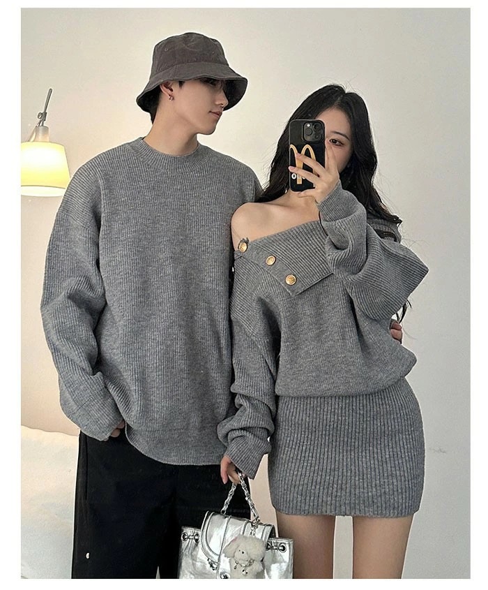 トップス メンズ レディース セーター ニット ペアルック リンクコーデ お揃い 長袖 グレー ニットワンピース ニットワンピ 秋冬 クリスマス 誕生日 プレゼント お友達 おしゃれ デート 可愛い