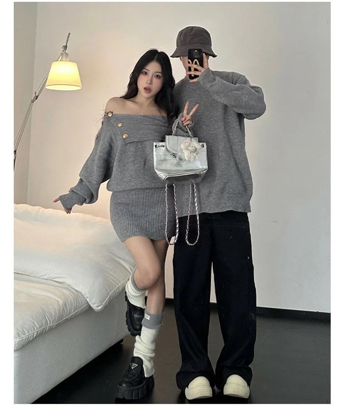 トップス メンズ レディース セーター ニット ペアルック リンクコーデ お揃い 長袖 グレー ニットワンピース ニットワンピ 秋冬 クリスマス 誕生日 プレゼント お友達 おしゃれ デート 可愛い