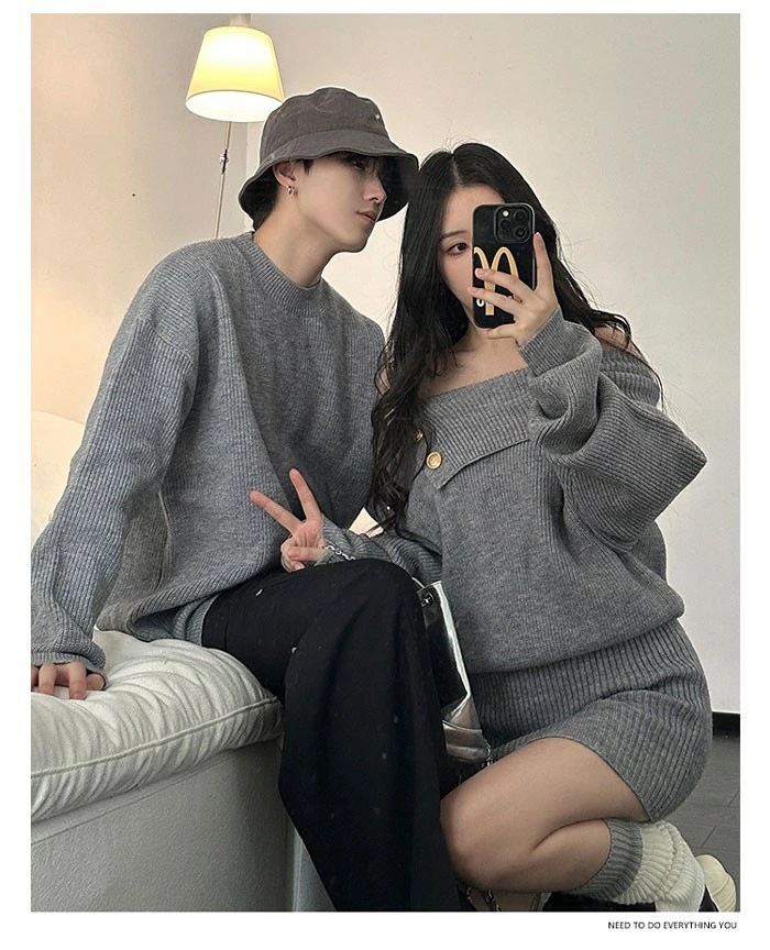 トップス メンズ レディース セーター ニット ペアルック リンクコーデ お揃い 長袖 グレー ニットワンピース ニットワンピ 秋冬 クリスマス 誕生日 プレゼント お友達 おしゃれ デート 可愛い