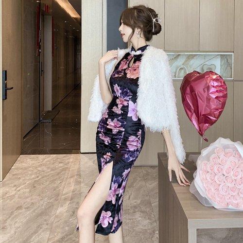 キャバドレス ナイトドレス チャイナドレス ミディアムドレス ノースリーブ ワンピース 花柄 サイドスリット ベロア パールビーズ 伸縮性 レディース グラシア キャバドレス ナイトドレス チャイナドレス ミディアムドレス ノースリーブ ワンピース 花柄 サイドスリット ベロア パールビーズ 伸縮性 レディース グラシア