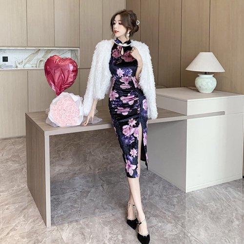 キャバドレス ナイトドレス チャイナドレス ミディアムドレス ノースリーブ ワンピース 花柄 サイドスリット ベロア パールビーズ 伸縮性 レディース グラシア キャバドレス ナイトドレス チャイナドレス ミディアムドレス ノースリーブ ワンピース 花柄 サイドスリット ベロア パールビーズ 伸縮性 レディース グラシア