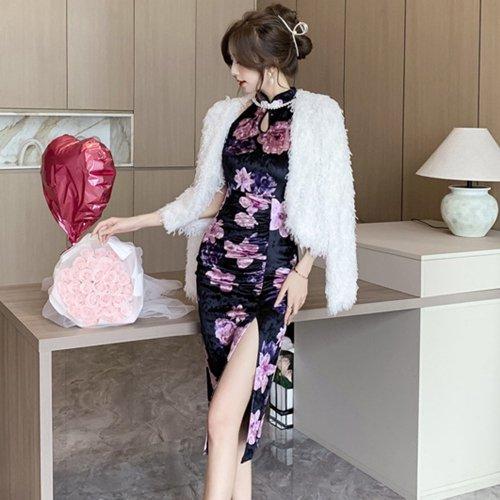 キャバドレス ナイトドレス チャイナドレス ミディアムドレス ノースリーブ ワンピース 花柄 サイドスリット ベロア パールビーズ 伸縮性 レディース グラシア キャバドレス ナイトドレス チャイナドレス ミディアムドレス ノースリーブ ワンピース 花柄 サイドスリット ベロア パールビーズ 伸縮性 レディース グラシア