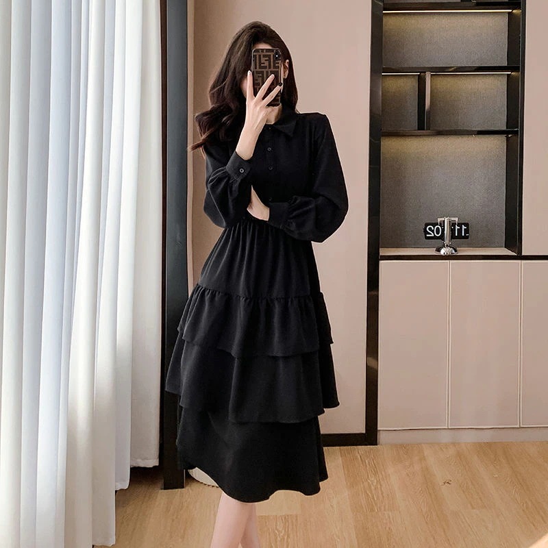コート付きスカート 新しいデザインフレンチブラックスキニーシャツドレス 秋のケーキドレス ワンピース 韓国 ワンピース ドレス ロングワンピース シャツワンピースワンピース ドレス ワン