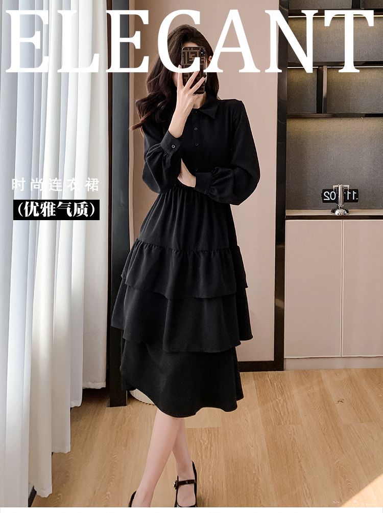 コート付きスカート 新しいデザインフレンチブラックスキニーシャツドレス 秋のケーキドレス ワンピース 韓国 ワンピース ドレス ロングワンピース シャツワンピースワンピース ドレス ワン
