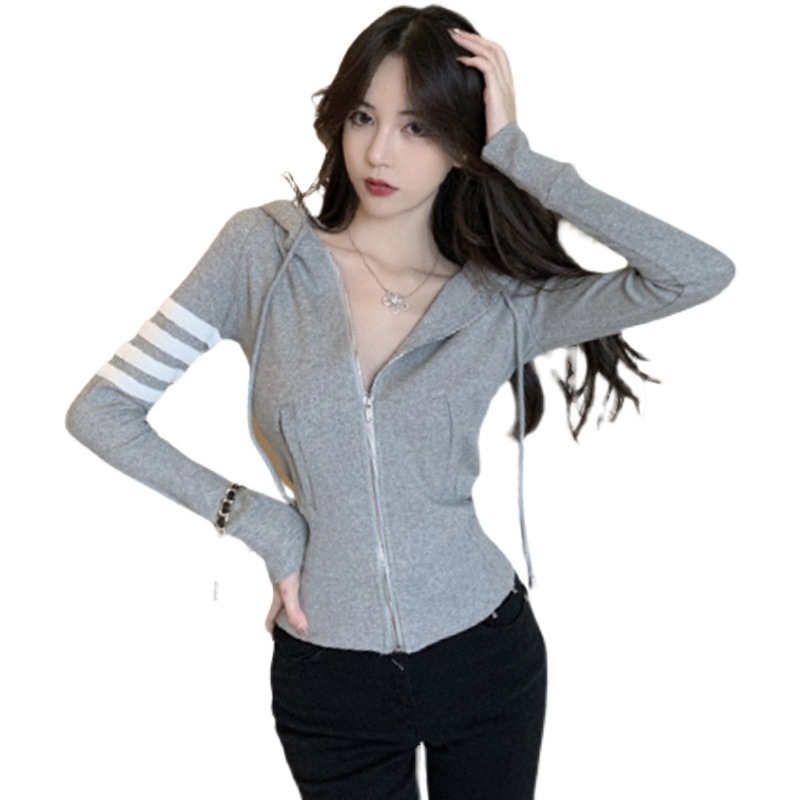 ニットパーカー トップス カーディガン フーディー スポーティ グレー 灰色 ショート丈 袖あり ニットパーカー トップス カーディガン フーディー スポーティ グレー 灰色 ショート丈 袖あり