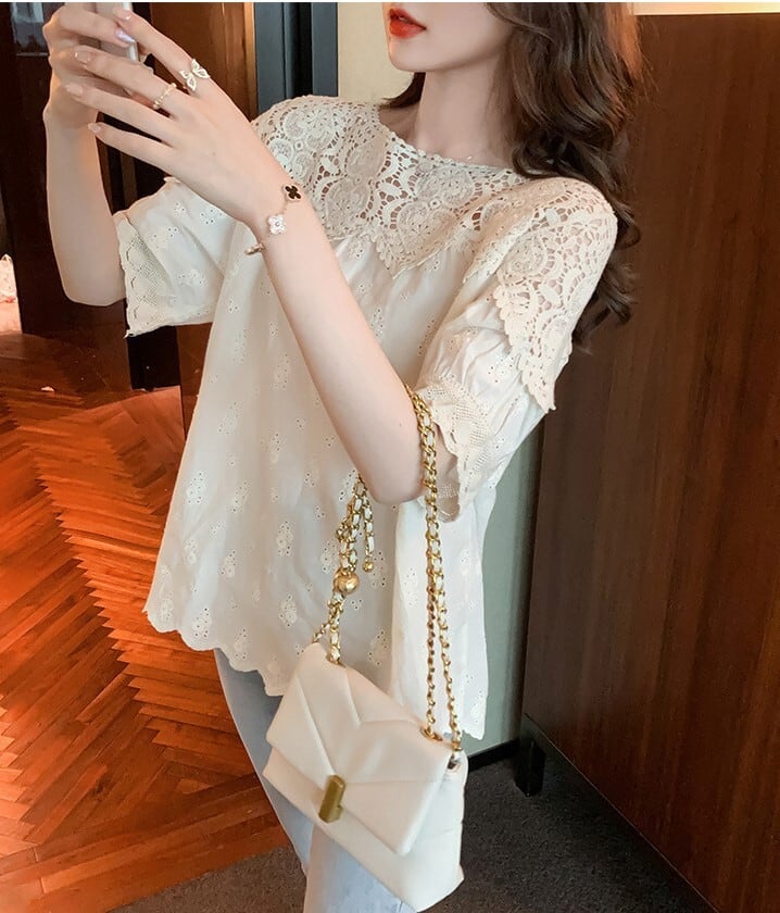 Tシャツ ティーシャツ ブラウス チュニック レディース シャツ トップス 人気 おすすめ おしゃれ お洒落 激安 安い プチプラ 半袖 美シルエット 華奢見え 刺繍 透かし 編み ニット