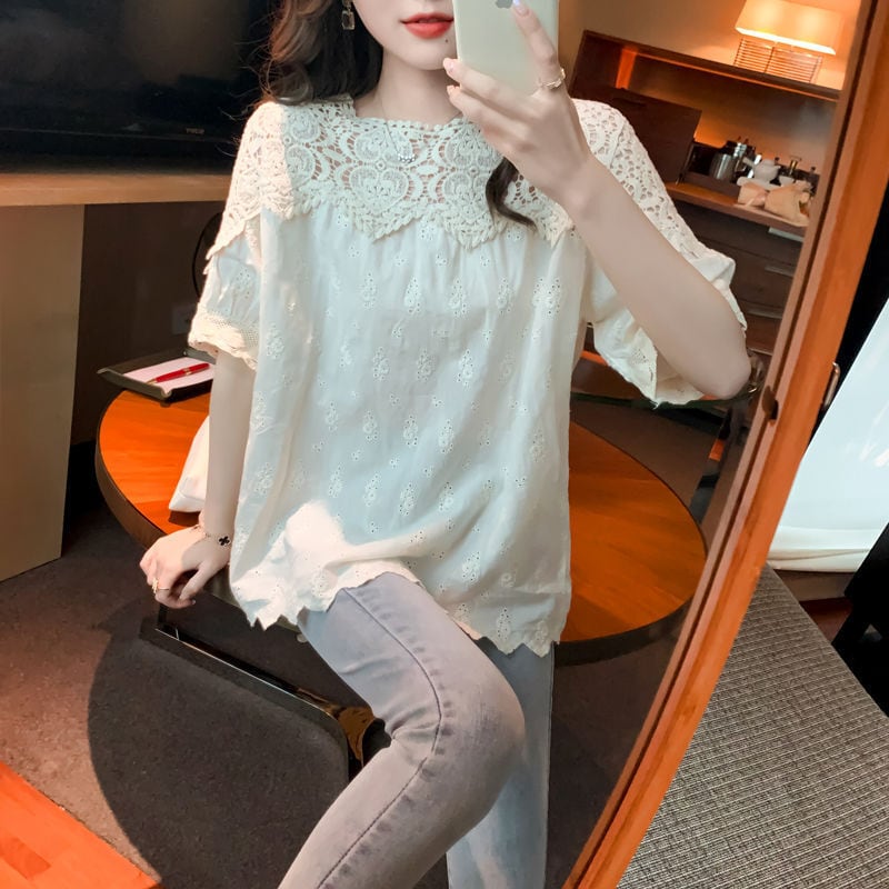 Tシャツ ティーシャツ ブラウス チュニック レディース シャツ トップス 人気 おすすめ おしゃれ お洒落 激安 安い プチプラ 半袖 美シルエット 華奢見え 刺繍 透かし 編み ニット