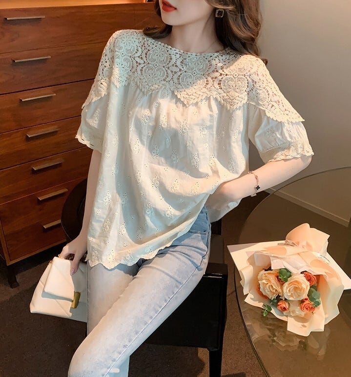 Tシャツ ティーシャツ ブラウス チュニック レディース シャツ トップス 人気 おすすめ おしゃれ お洒落 激安 安い プチプラ 半袖 美シルエット 華奢見え 刺繍 透かし 編み ニット