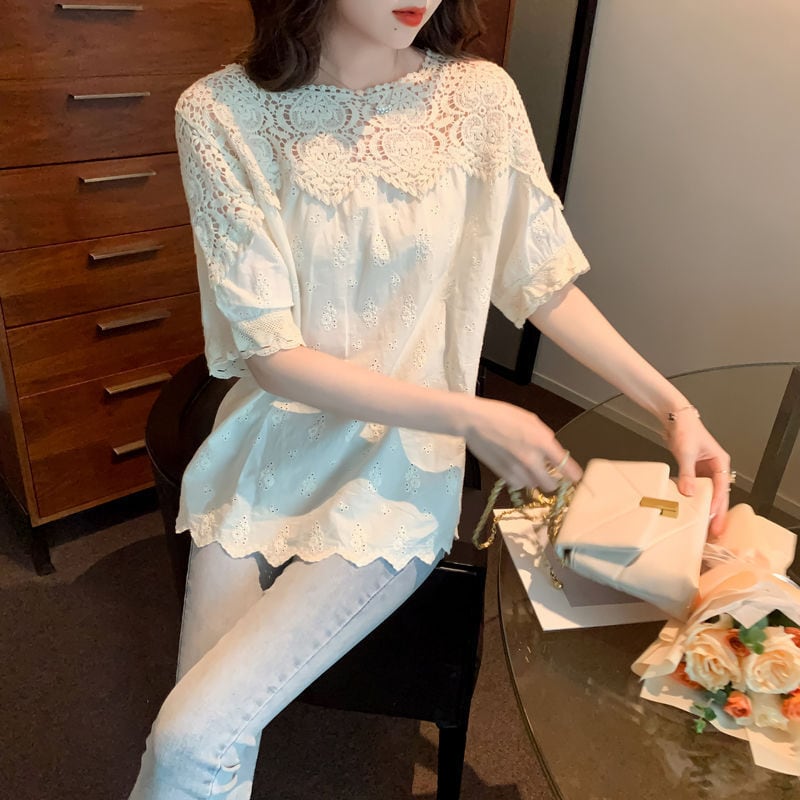 Tシャツ ティーシャツ ブラウス チュニック レディース シャツ トップス 人気 おすすめ おしゃれ お洒落 激安 安い プチプラ 半袖 美シルエット 華奢見え 刺繍 透かし 編み ニット