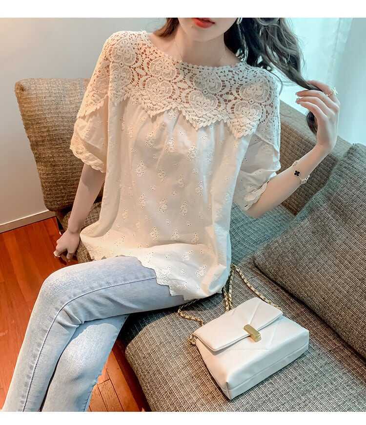 Tシャツ ティーシャツ ブラウス チュニック レディース シャツ トップス 人気 おすすめ おしゃれ お洒落 激安 安い プチプラ 半袖 美シルエット 華奢見え 刺繍 透かし 編み ニット