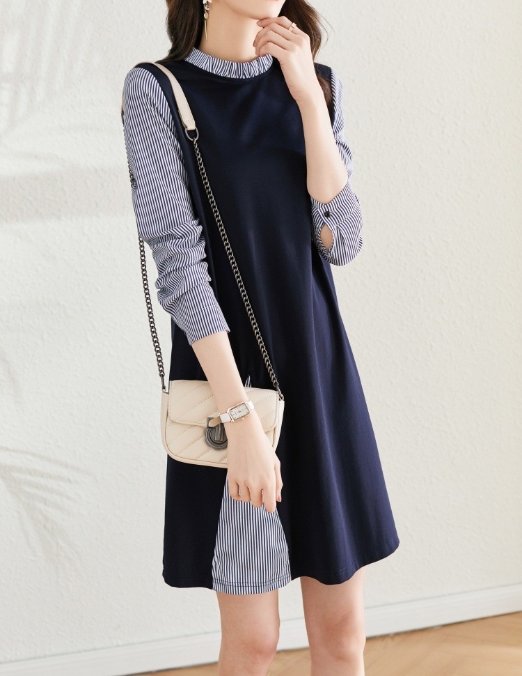 重ね着風 フェイクレイヤード スリット風切替え フリルネック ワンピース ミディアム丈 ひざ上 膝丈 重ね着風 フェイクレイヤード スリット風切替え フリルネック ワンピース ミディアム丈 ひざ上 膝丈