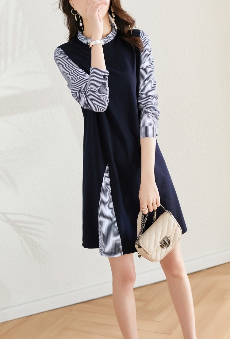 重ね着風 フェイクレイヤード スリット風切替え フリルネック ワンピース ミディアム丈 ひざ上 膝丈 重ね着風 フェイクレイヤード スリット風切替え フリルネック ワンピース ミディアム丈 ひざ上 膝丈