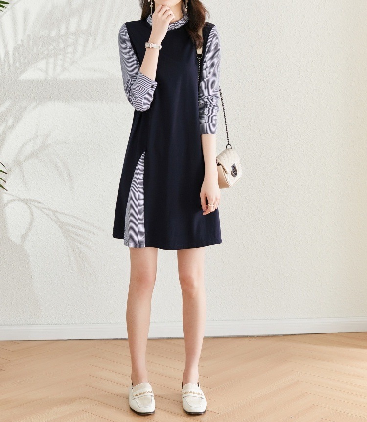 重ね着風 フェイクレイヤード スリット風切替え フリルネック ワンピース ミディアム丈 ひざ上 膝丈 重ね着風 フェイクレイヤード スリット風切替え フリルネック ワンピース ミディアム丈 ひざ上 膝丈