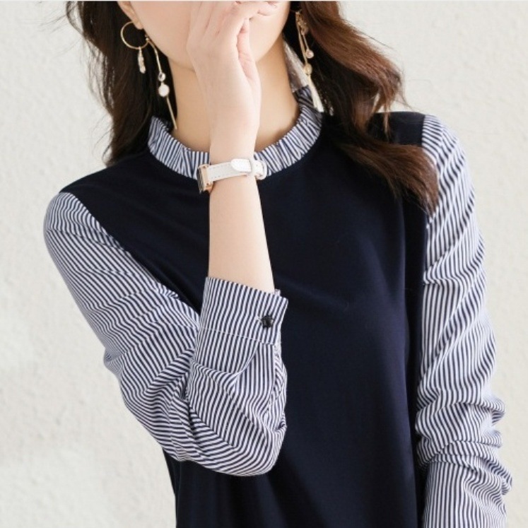 重ね着風 フェイクレイヤード スリット風切替え フリルネック ワンピース ミディアム丈 ひざ上 膝丈 重ね着風 フェイクレイヤード スリット風切替え フリルネック ワンピース ミディアム丈 ひざ上 膝丈