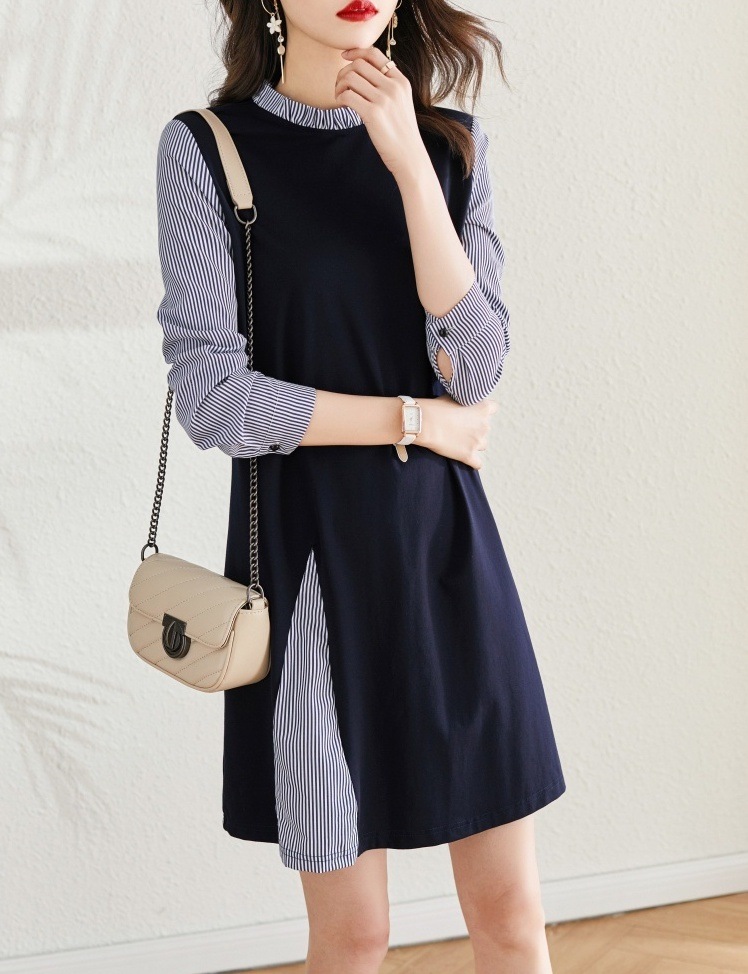 重ね着風 フェイクレイヤード スリット風切替え フリルネック ワンピース ミディアム丈 ひざ上 膝丈 重ね着風 フェイクレイヤード スリット風切替え フリルネック ワンピース ミディアム丈 ひざ上 膝丈