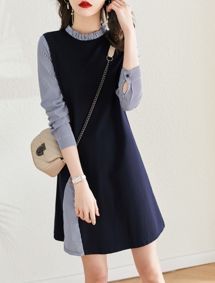 重ね着風 フェイクレイヤード スリット風切替え フリルネック ワンピース ミディアム丈 ひざ上 膝丈 重ね着風 フェイクレイヤード スリット風切替え フリルネック ワンピース ミディアム丈 ひざ上 膝丈