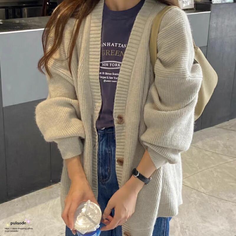 ニットカーディガン カーディガン Vネック オーバーサイズ 長袖 無地 トップス レディース ANGIE カーディガン オーバーサイズ Vネック ニットカーディガン