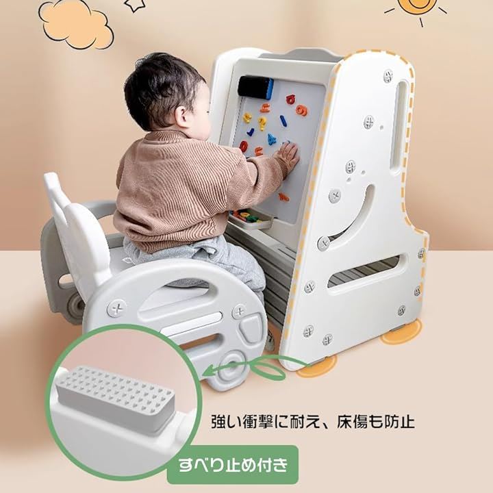 お絵描きボード キッズデスク イーゼル付き 大きい 多機能テーブル＆チェア 絵本棚 知育デスク 収納付き おしゃれ 軽量 コンパクト 2way 絵本ラック(グリーン, free)