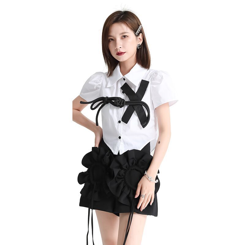 短丈 ブラウス 可愛いデザイン フリル袖 不規則 レディース おしゃれ Tシャツ ブラウス