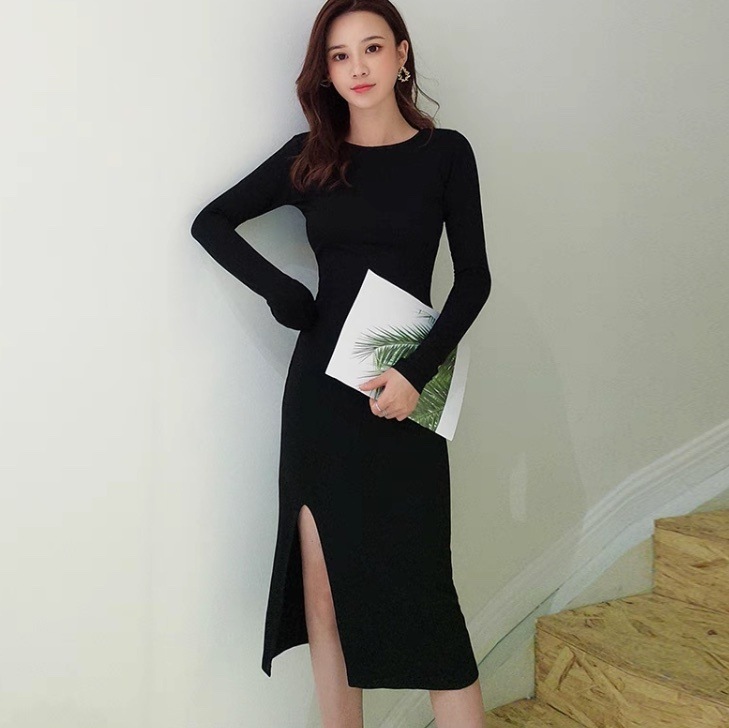 レディース ワンピース 膝丈 長袖 ラウンドネック タイト スリム 細身 スマート フェミニン スリット サイドスリット かわいい 大人可愛い きれいめ シンプル 上品 おしゃれ かっこいい こなれ感