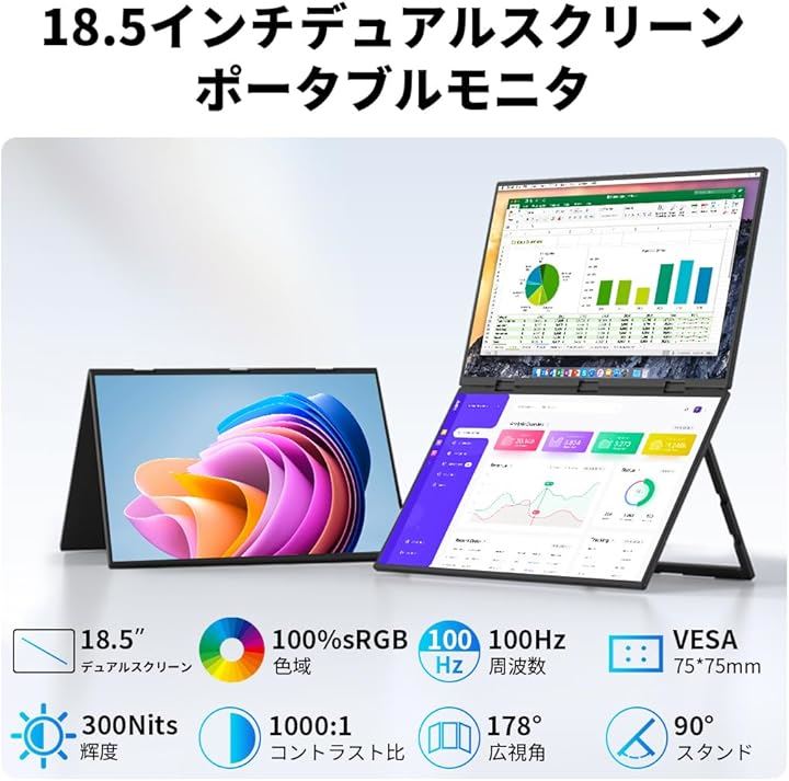 デュアル モバイルモニター 18.5インチ デュアルモニター 2画面 自立型 デュアルディスプレイ 100HZ 折り畳み 自動回転(18.5インチ2画面タッチなし, 18.5)