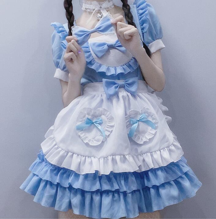メイド服 可愛い コスチューム ロリータワンピース 可愛いメイド服 ティアードワンピース ハロウィン お化け コスプレ衣装 パーティー衣装 文化祭 忘年会 変身仮装 ブルー メイド服