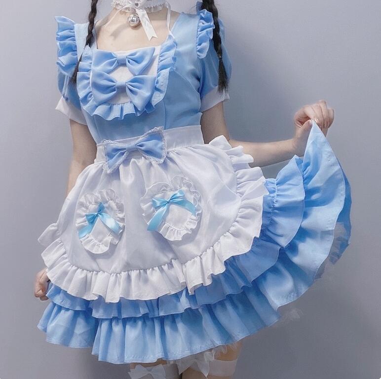 メイド服 可愛い コスチューム ロリータワンピース 可愛いメイド服 ティアードワンピース ハロウィン お化け コスプレ衣装 パーティー衣装 文化祭 忘年会 変身仮装 ブルー メイド服