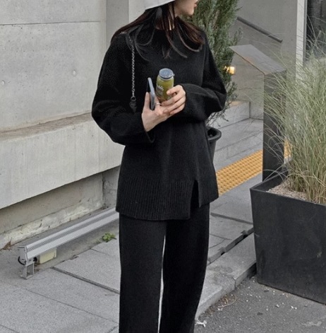 レディース セットアップ トップス ボトムス ニット 部屋着 ワイドパンツ フルレングス 長袖 ハイネック Iライン スリット 伸縮性 中厚手 ニット リブニット かわいい 大人可愛い シンプル