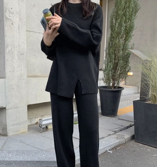 レディース セットアップ トップス ボトムス ニット 部屋着 ワイドパンツ フルレングス 長袖 ハイネック Iライン スリット 伸縮性 中厚手 ニット リブニット かわいい 大人可愛い シンプル