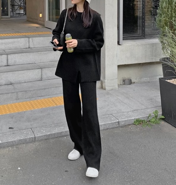 レディース セットアップ トップス ボトムス ニット 部屋着 ワイドパンツ フルレングス 長袖 ハイネック Iライン スリット 伸縮性 中厚手 ニット リブニット かわいい 大人可愛い シンプル
