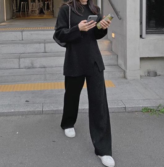 レディース セットアップ トップス ボトムス ニット 部屋着 ワイドパンツ フルレングス 長袖 ハイネック Iライン スリット 伸縮性 中厚手 ニット リブニット かわいい 大人可愛い シンプル