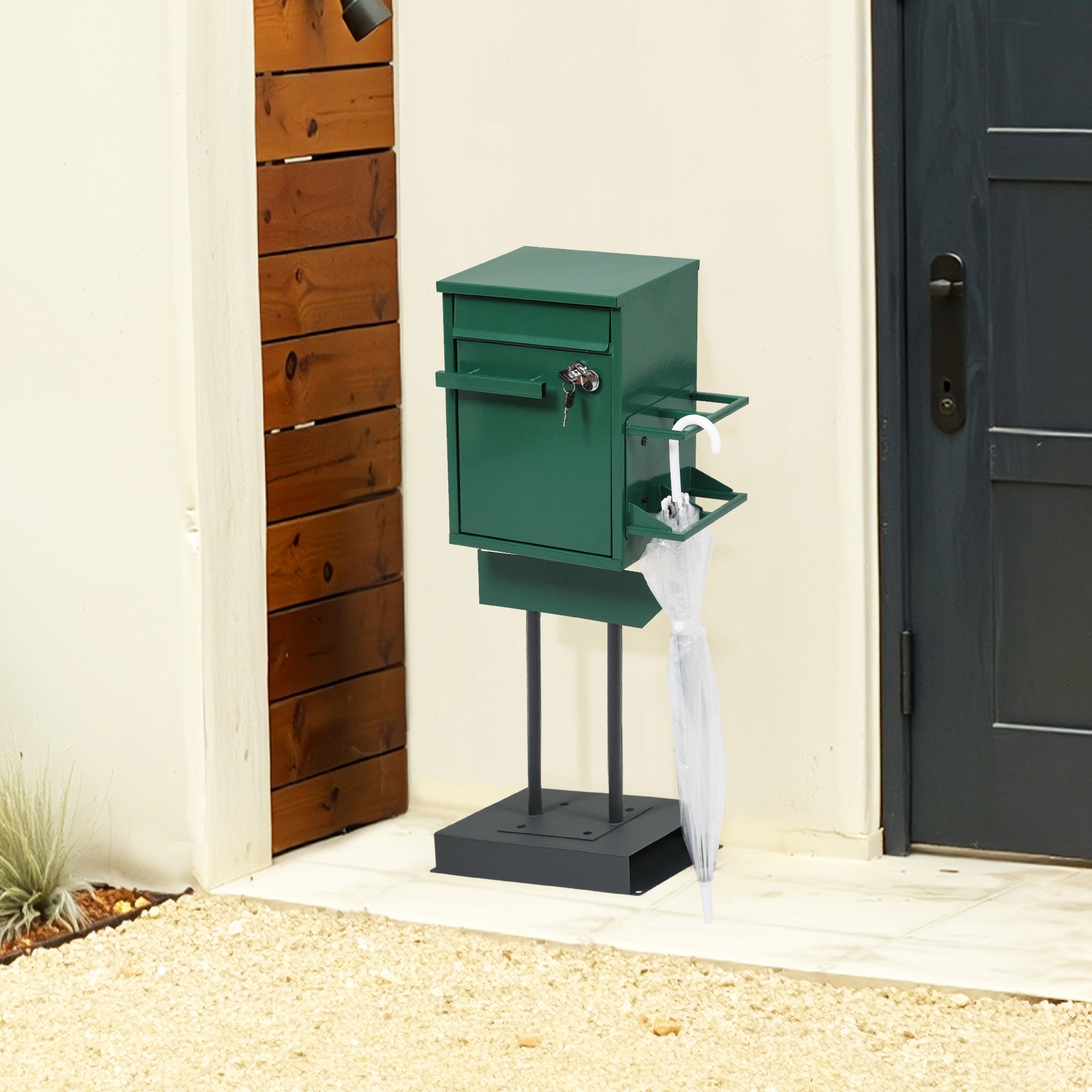 【国内出荷-送.料.無.料】宅配ボックス置き型スタンドポストメ一ル便·A4対応投函口3つポスト一体型鍵付き北欧複数投函配達ボックス一戸建て用スタンドポストメールボックスA4対応新聞受け高級【モス～48