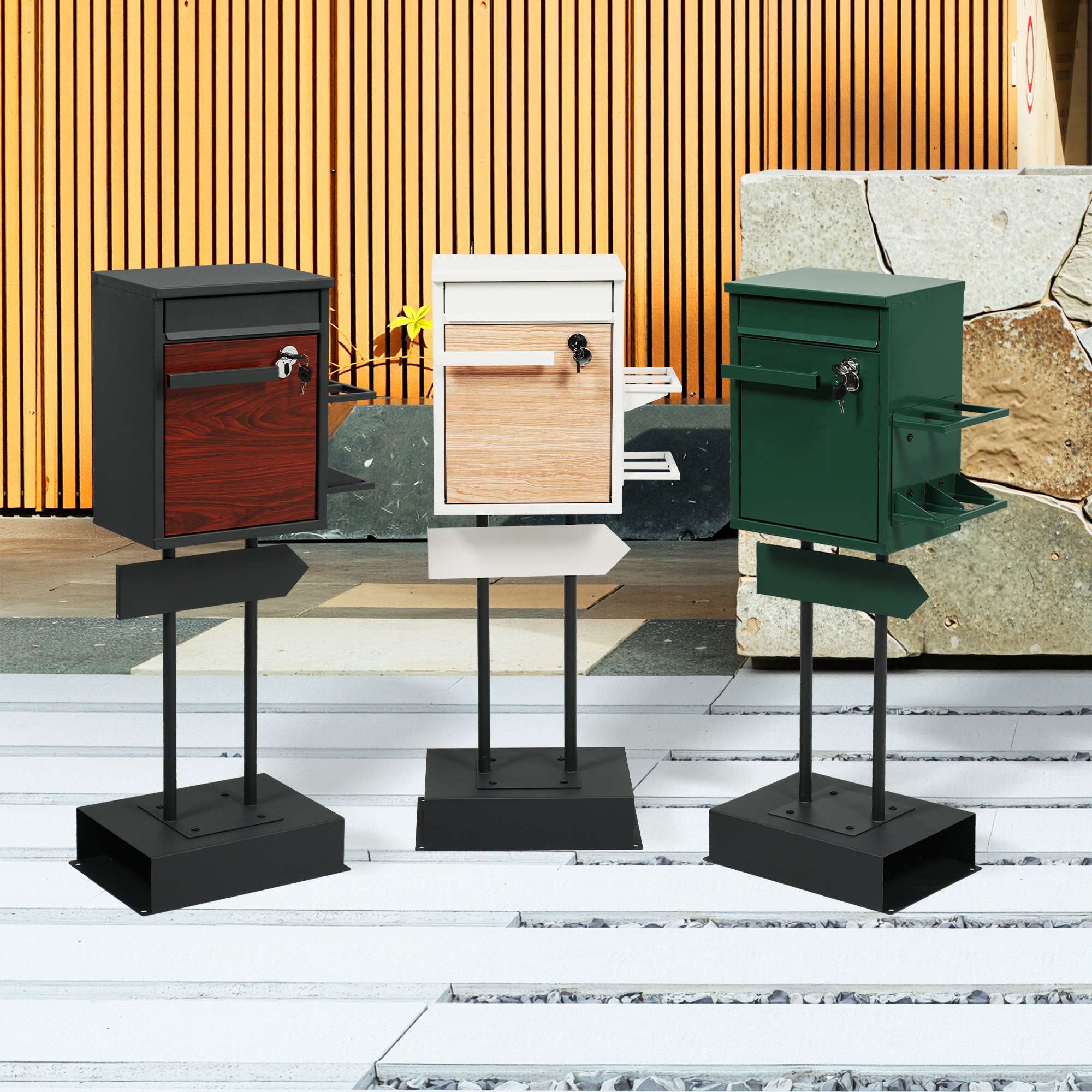 【国内出荷-送.料.無.料】宅配ボックス置き型スタンドポストメ一ル便·A4対応投函口3つポスト一体型鍵付き北欧複数投函配達ボックス一戸建て用スタンドポストメールボックスA4対応新聞受け高級【モス～48