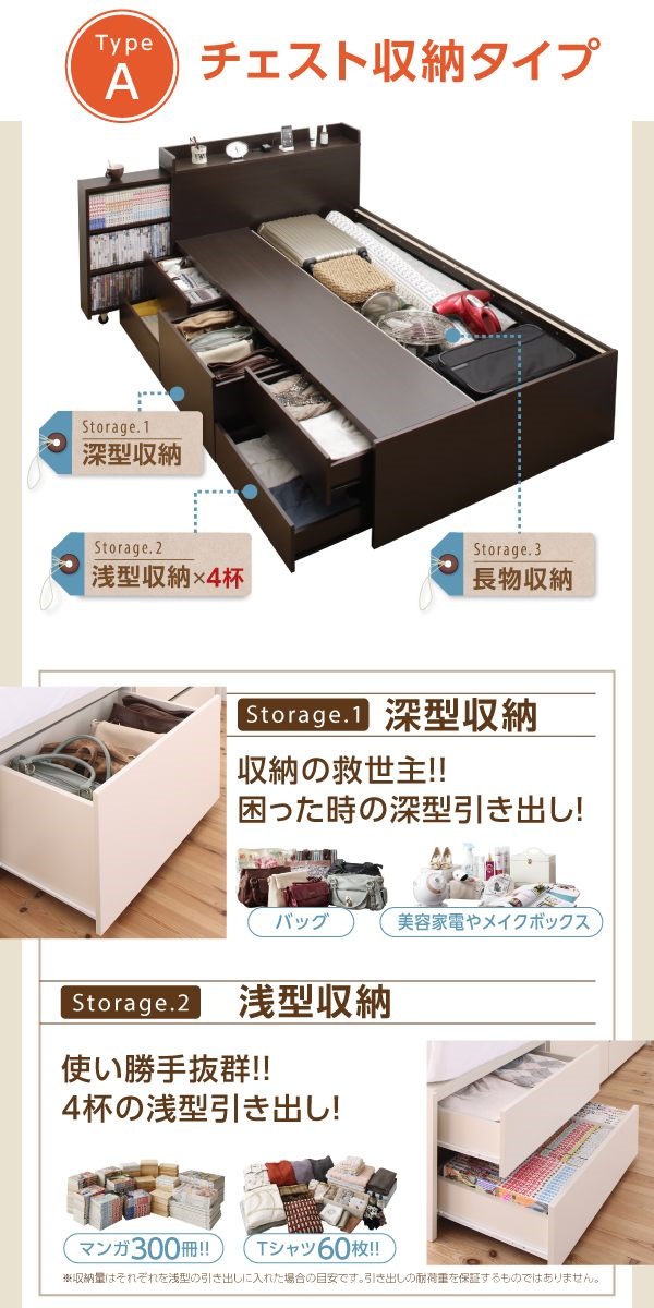 [組立設置付]タイプが選べる 大容量 収納ベッド [セレクトイン] [スタンダードボンネルコイルマットレス付き] チェスト収納 セミダブル [フレーム色]ダークブラウン [マットレス色]ホワイト