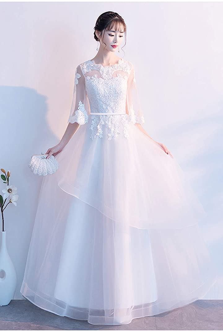 可愛い ウェディングドレス 二次会ドレス 結婚式 プリンセスラインドレス パーティードレス 新婦 挙式 ブライダル 袖あり ロングドレス ホワイト( 白A-ロング丈, M)