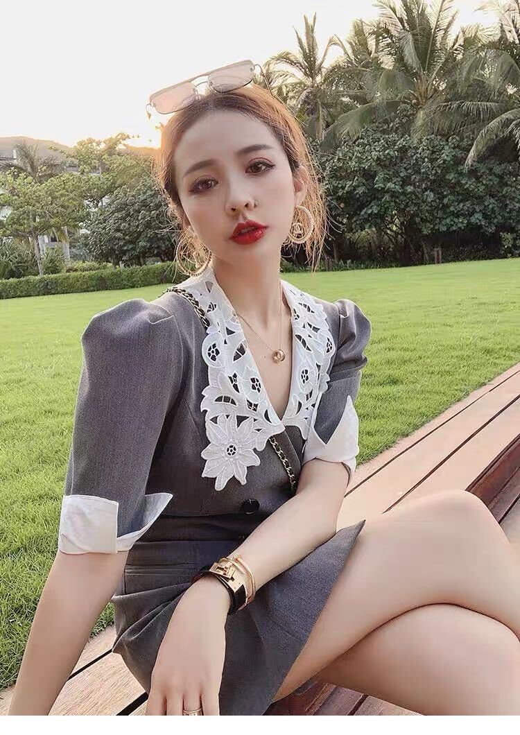 レースカラー ジャケットワンピース ワンピース. ドレス ジャケット風ワンピース レディース オフィスコーデ フレンチ パフスリーブスーツ a3792