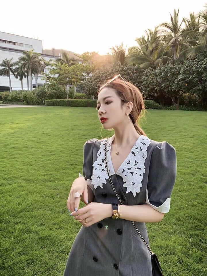 レースカラー ジャケットワンピース ワンピース. ドレス ジャケット風ワンピース レディース オフィスコーデ フレンチ パフスリーブスーツ a3792