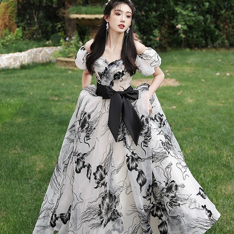 カラードレス ロングドレス パーティードレス ブラック 半袖 花柄 黒