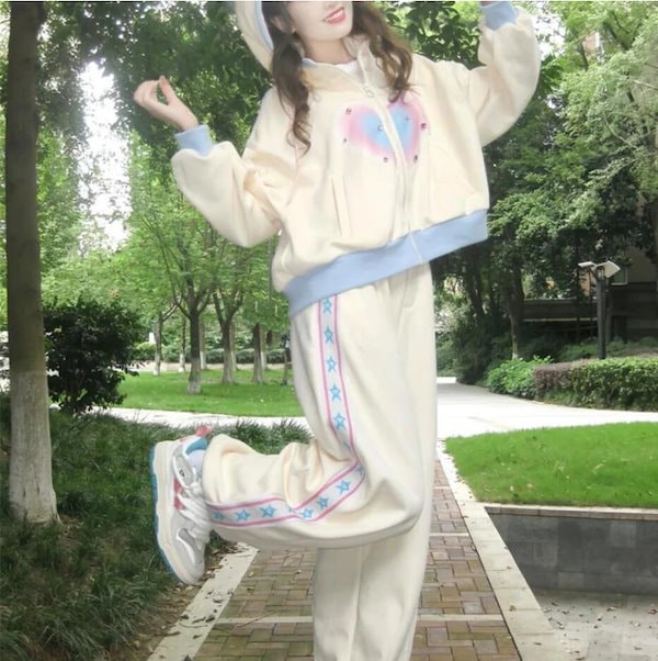 フード付 ロング丈パーカー パンツ 上下セットアップ サイドライン入  M Qoo10] ガーリーなジャージセット サイドライン