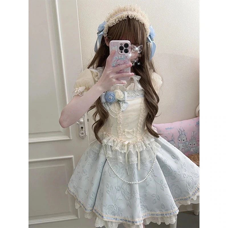 sweet Jsk とてもエレガントで優しいジャガードロリータドレス女の子ショートアプリコットブループリンセスドレス sweet Jsk とてもエレガントで優しいジャガードロリータドレス女の子ショートアプリコットブループリンセスドレス