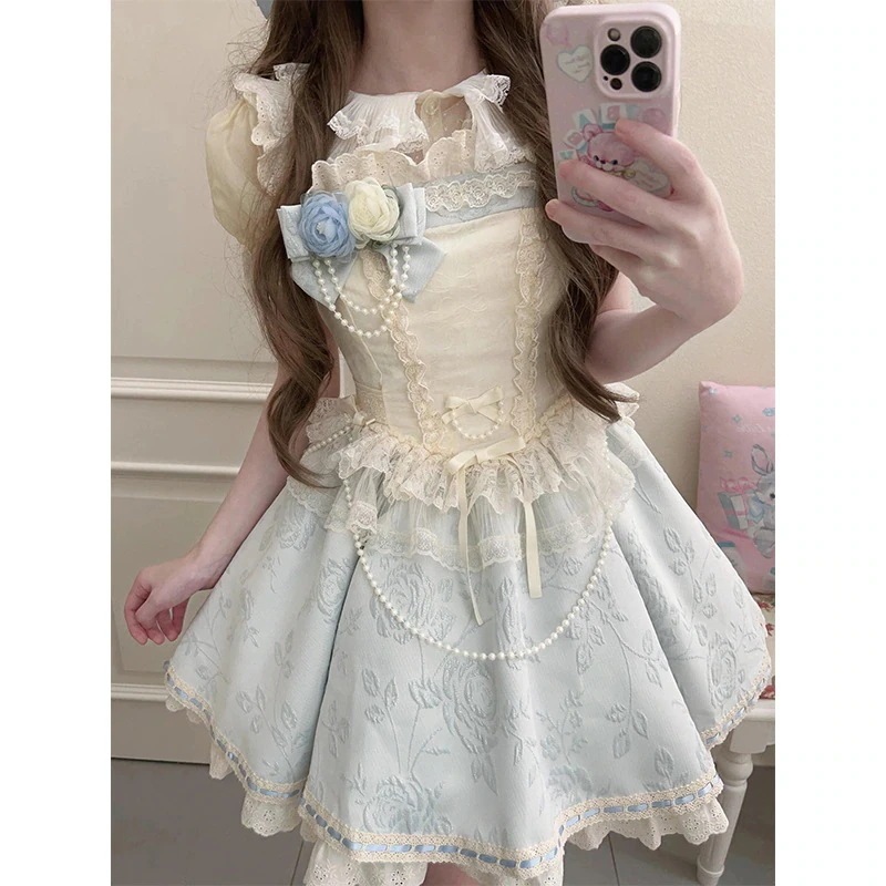 sweet Jsk とてもエレガントで優しいジャガードロリータドレス女の子ショートアプリコットブループリンセスドレス sweet Jsk とてもエレガントで優しいジャガードロリータドレス女の子ショートアプリコットブループリンセスドレス