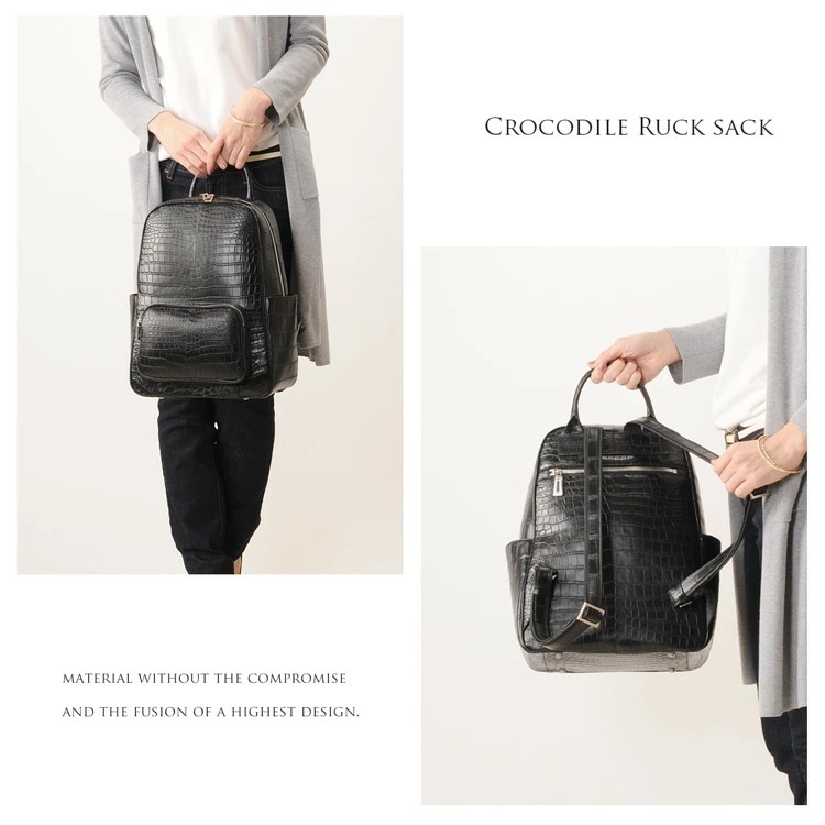 クロコダイルバッグレディースリュックHCP鰐革マット加工ブラックレッドブルーバイ