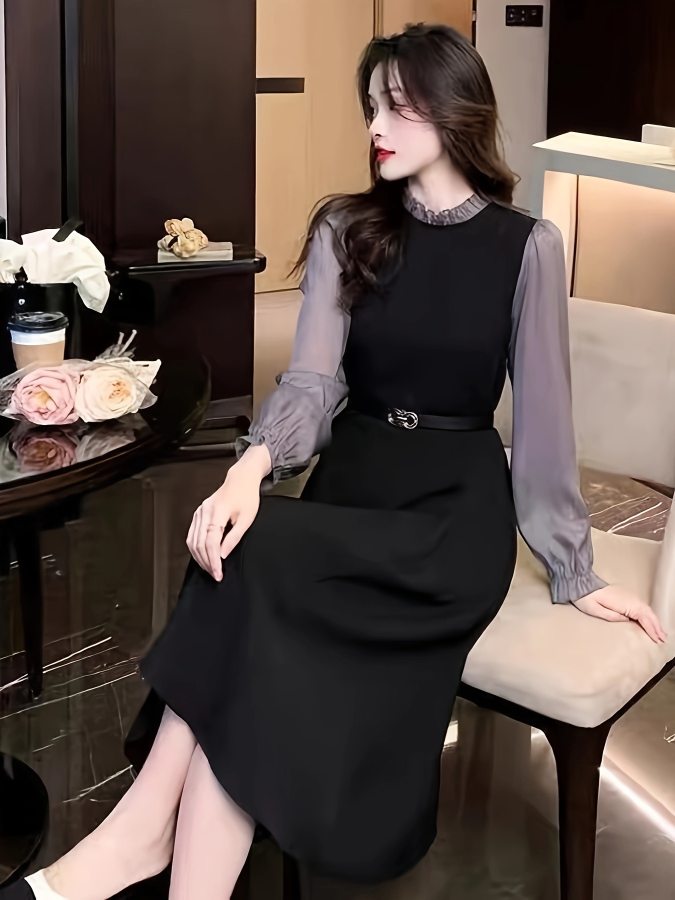 カラーブロックレタストリムドレスエレガントな長袖ミディドレス婦人服 カラーブロックレタストリムドレスエレガントな長袖ミディドレス婦人服