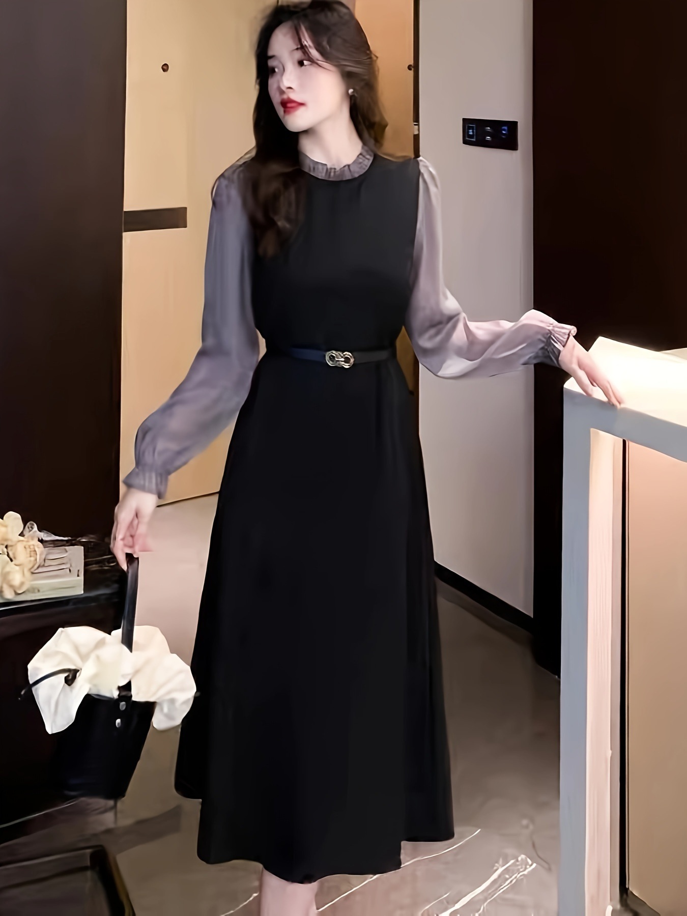 カラーブロックレタストリムドレスエレガントな長袖ミディドレス婦人服 カラーブロックレタストリムドレスエレガントな長袖ミディドレス婦人服