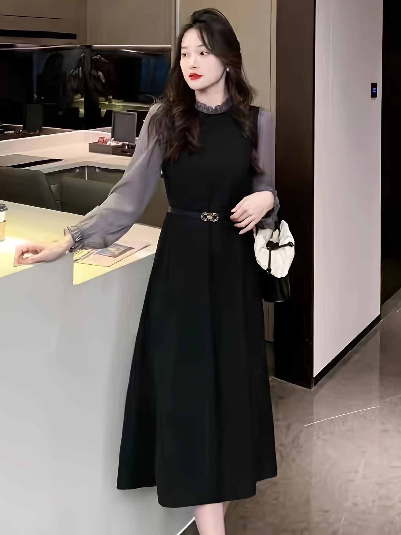 カラーブロックレタストリムドレスエレガントな長袖ミディドレス婦人服 カラーブロックレタストリムドレスエレガントな長袖ミディドレス婦人服