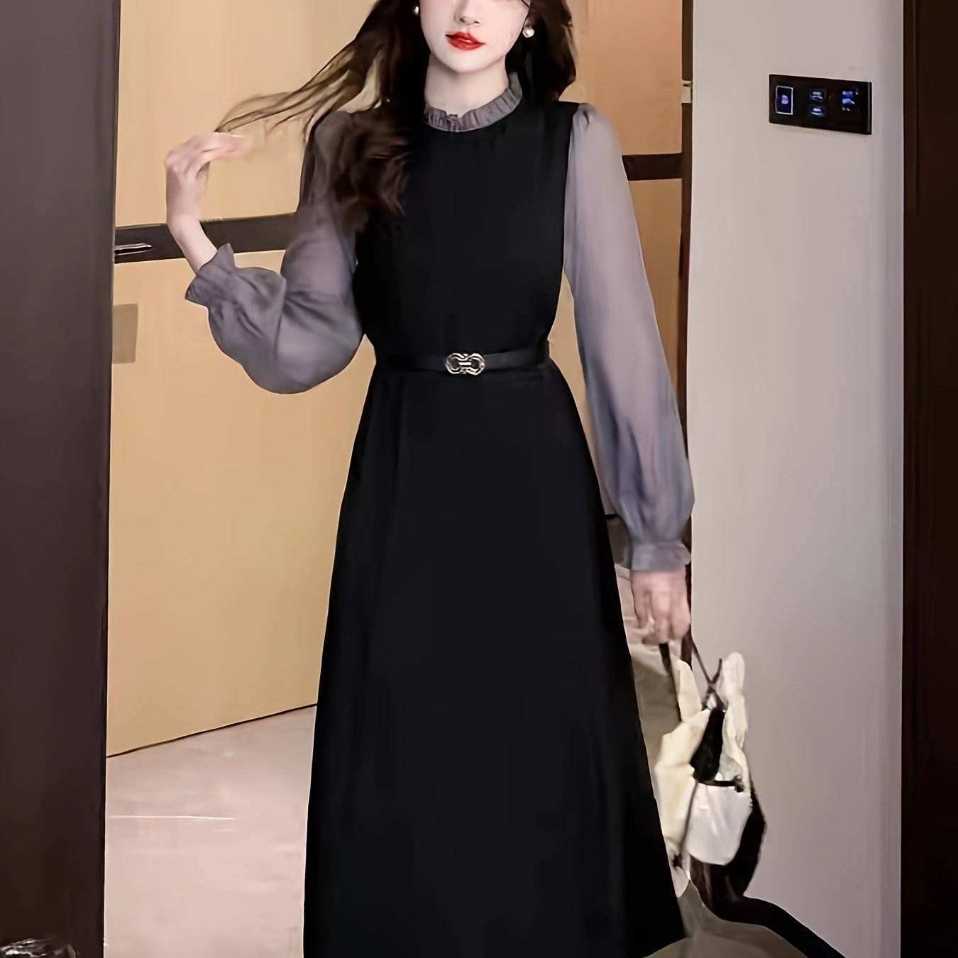 カラーブロックレタストリムドレスエレガントな長袖ミディドレス婦人服 カラーブロックレタストリムドレスエレガントな長袖ミディドレス婦人服