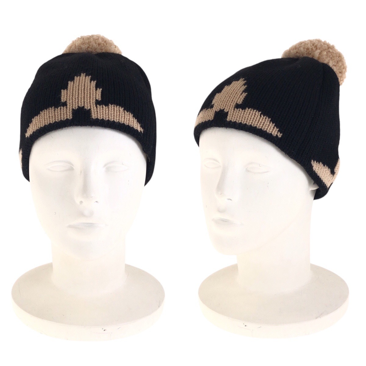 美品 ボネ モーニングラム ブラック 黒 ベージュ ウール M70840 ニット帽 男女兼用 レディース 504564 美品 ボネ モーニングラム ブラック 黒 ベージュ ウール M70840 ニット帽 男女兼用 レディース 504564